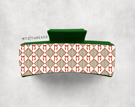 Red Bow Green Stripe Diamonds | Claw Clip